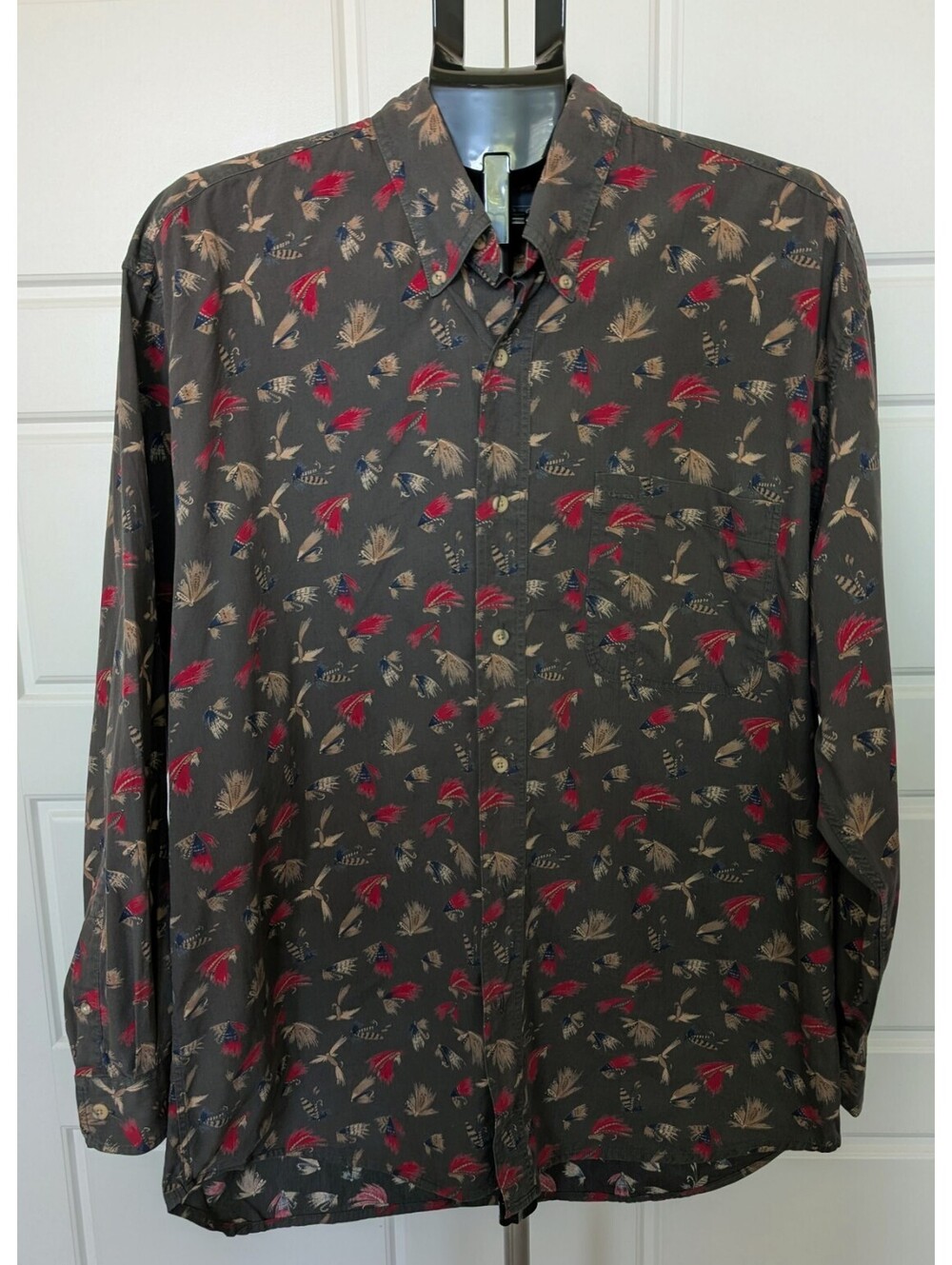 Enro Fishing Fly Print Button Down Shirt Men's Large Charcoal Cotton